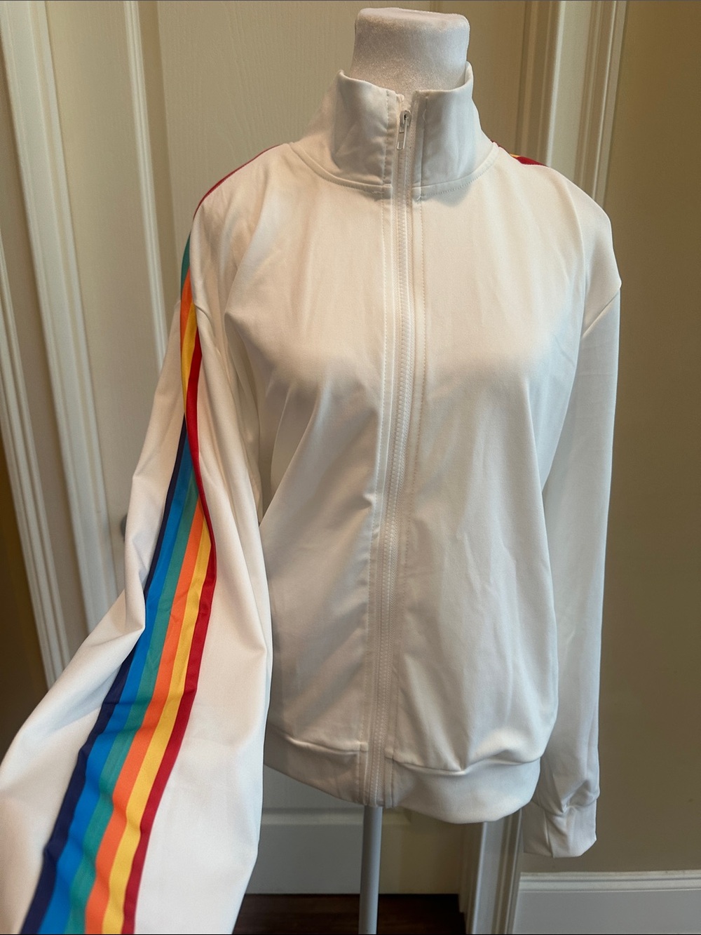 New with tags- White Varsity-Style Track Jacket with Rainbow Sleeve Stripes
